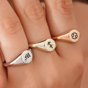 14k 18k Solid Gold Engraved Circle Signet Ring, Pinky Custom Personalized Ring for Men Women, Graduation Ring