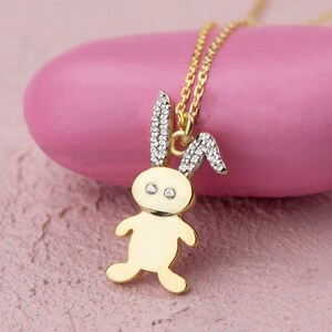 Gold CZ Easter Rabbit Bunny Charm Pendant Necklace, Dainty Animal Necklace Gift for Her, Happy Easter Gift Idea
