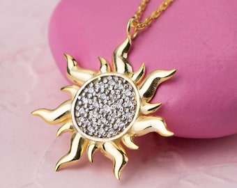 Gold Diamond Sunburst Necklace Pendant, 10k 14k 18k Solid Gold Sun Necklace, Dainty Celestial Necklace, Sun Jewelry Birthday Gift for Mom