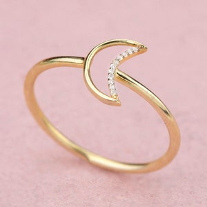 14k 18k 10k Gold Diamond Crescent Moon Stackable Ring, Minimalist Celestial Ring, Anniversary Gift for Her, Moon Jewelry