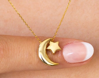 Crescent Moon Star Necklace, 14k Solid Gold Necklace, Dainty Moon Star Charm Pendant, Celestial Necklace is a Great Birthday Gift for Her