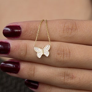 14k 18k 10k Solid Gold CZ Butterfly Necklace, Dainty Cubic Zirconia Butterfly Necklace, Minimalist Butterfly Necklace Christmas Gift For Her