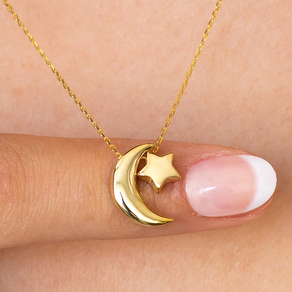 Crescent Moon Star Necklace, 14k Solid Gold Necklace, Dainty Moon Star Charm Pendant, Celestial Necklace is a Great Birthday Gift for Her