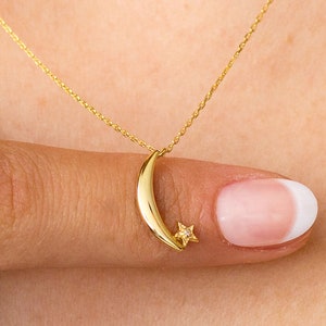CZ Moon Star Necklace, 14k Solid Gold Crescent Moon Star Necklace, Dainty Moon Star Charm Pendant, Anniversary Gift Birthday Gift
