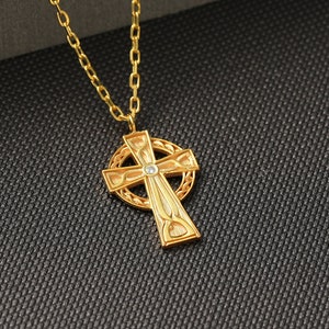 Irish Celtic Cross Pendant Necklace, Bezel Set CZ Cross Necklace Women, Irish Celtic Cross jewelry, St. Paticks&#39;s Day Gift for Her