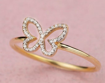 Statement Butterfly Ring, Gold Diamond Butterfly Promise Ring, Wedding Bridesmaid Gift for Her, 14k 18k 10k Gold Ring for Women