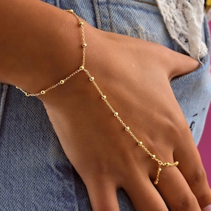 Dainty 14k Gold Beaded Hand Chain Bracelet, Minimalist Finger Chain Bracelet for Women, Body Jewelry Christmas Gift for Her