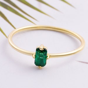 Natural Green Emerald Baguette Solitaire Ring, May Birthstone Ring, Emerald Gemstone Jewelry, 14k 18k 10k Gold Ring image 1