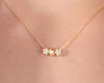 3 Stars 14k Solid Gold Diamond Necklace, Natural Diamond Star Necklace, Celestial Dainty Stars Necklace, 3 Stars Gold Necklace Gift for Mom