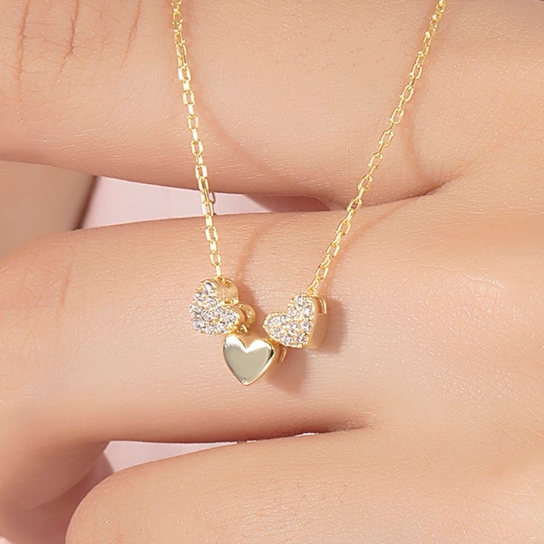 Dainty Three Hearts Gold Diamond Necklace, 10k 14k 18k Solid Gold Necklace, 3 Hearts Gold Diamond Necklace is a Great Gift for Best Friend