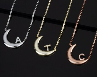 Crescent Moon Letter Necklace, Tiny Gold Diamond Initial Necklace, 14k 18k 10k Solid Gold Necklace, Personalized Birthday Gift for Her