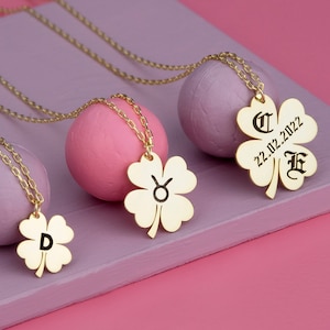 Solid Gold Engraveable Lucky Four Leaf Clover Necklace, Personalized Engraved Charm Necklace, Good Luck Necklace Gift for Her Custom Jewelry