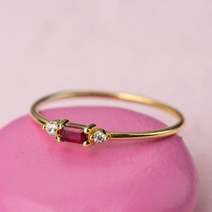 Minimalist Ruby Dainty Baguette Stackable Ring, Simple Delicate Promise Ring for Her, Red Ruby July Birthstone Stacking Ring