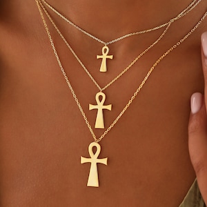 Gold Ankh Cross Necklace, 10k 14k 18k Solid Gold Charm Pendant for Women, Antique Egyptian Coptic Symbol Spiritual Jewelry, Religious Gift