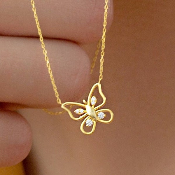 Gold Diamond Butterfly Necklace, Butterfly Dream Spring Necklace, Dainty Solid Gold Necklace, Tiny Butterfly Necklace is Great Birthday Gift