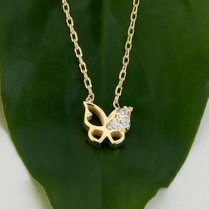 Dainty Gold CZ Butterfly Necklace, 10K 14K 18K Gold Butterfly Necklace, Minimalist Butterfly Necklace, Dainty Tiny Necklace for Women