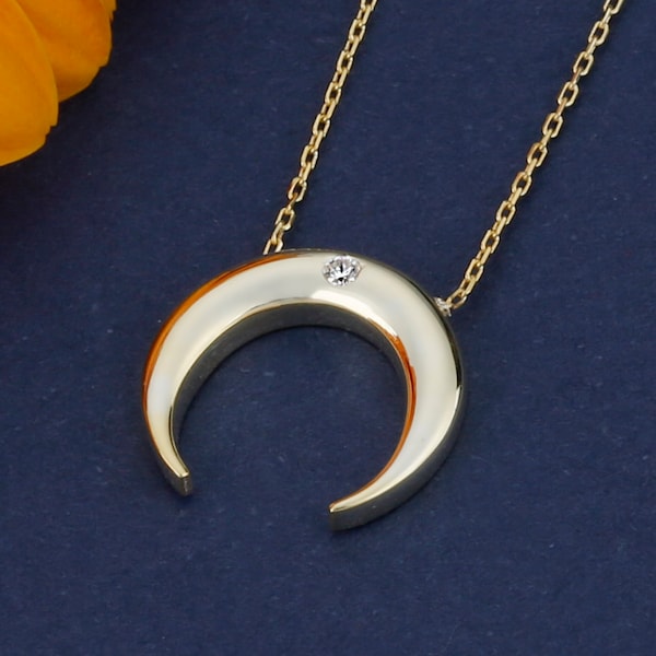 10k 14k 18k Solid Gold Diamond Crescent Moon Necklace, Minimalist Upside Down Moon Necklace, Half Moon Necklace for Women Best Birthday Gift