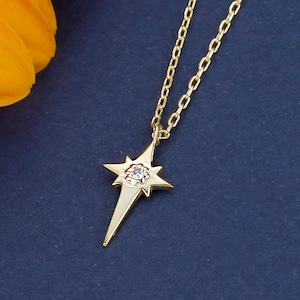 14k 18k Solid Gold CZ North Star Necklace, Gold Pole Star Necklace, Celestial Necklace, Real Gold North Star Necklace, Best Gift for Her
