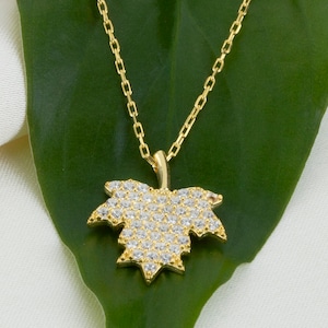 カナダメープルリーフネックレス、10k 14k 18k ソリッドゴールド CZ ネックレス、カナダカントリーギフトネックレス、ヴィンテージステートメントチャームネックレス