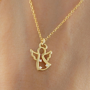 10k 14k 18k Gold CZ Angel Necklace, Dainty Gold Angel Wings Necklace, Minimalist Angel Jewelry, Tiny Little Angel Gift for Women