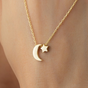 Minimalist Moon Star Gold Necklace Pendant, 10k 14k 18k Solid Gold Necklace for Women, Celestial Moon Star Jewelry, Christmas Gift for Mom