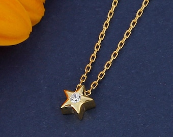 Mini Star Necklace with 14K Solid Gold, Tiny Diamond Star Necklace, Celestial Star Necklace, Dainty Star Necklace is a Birthday Gift for Her