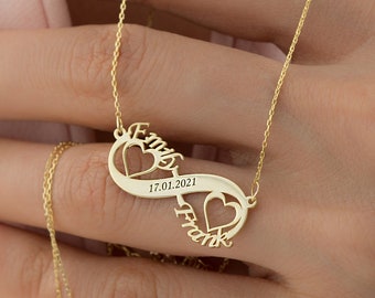 Couple Infinity Necklace with Heart, 14k 18k 10k Solid Gold Custom Name Necklace,  Anniversary Date Personalized Valentines Day Gift for Her