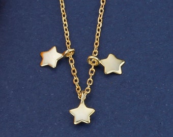 3 Stars 10k 14k 18k Solid Gold Necklace, Super Star Necklace, Small Stars Charm Pendant, Tiny Gold Star Necklace Set Perfect Gift for Her