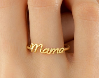 Mothers Day Gift Jewelry, 10k 14k 18k Solid Gold Mama Ring, Mother Ring Birthday Gift for Her, Dainty Simple Gold Stacking Ring for Mom