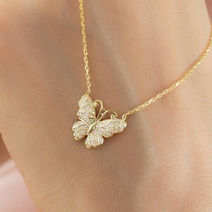 Minimalist Gold CZ Butterfly Necklace, 14k 18k 10k  Solid Gold Necklace, Tiny Butterfly Jewelry, Christmas Gift for Best Friend