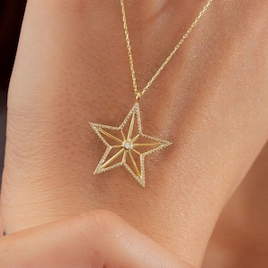 Dainty Gold Diamond Star Necklace, 10k 14k 18k Gold Celestial Pendant Necklace, Birthday Jewelry Gifts for Women, Christmas Gift for Wife 画像 1