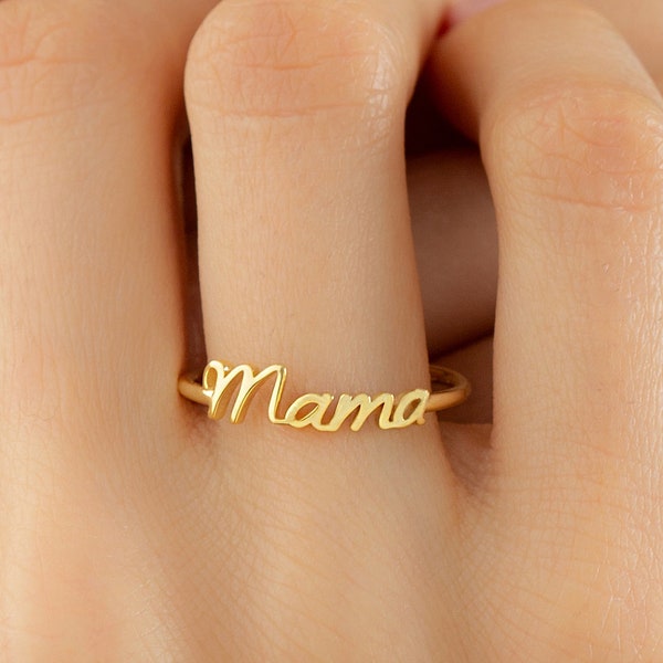 Mothers Day Gift Jewelry, 10k 14k 18k Solid Gold Mama Ring, Mother Ring Birthday Gift for Her, Dainty Simple Gold Stacking Ring for Mom