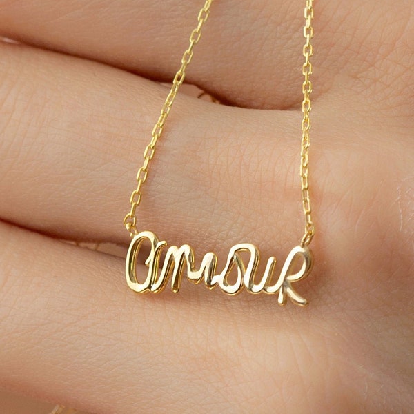 10k 14k 18k Solid Gold Amour French Word Necklace, Love Necklace Jewelry Valentines Day Gift for Girlfriend, Romantic Gift Idea for Wife