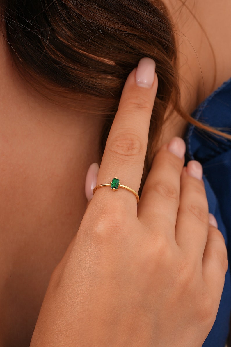 Natural Green Emerald Baguette Solitaire Ring, May Birthstone Ring, Emerald Gemstone Jewelry, 14k 18k 10k Gold Ring image 3