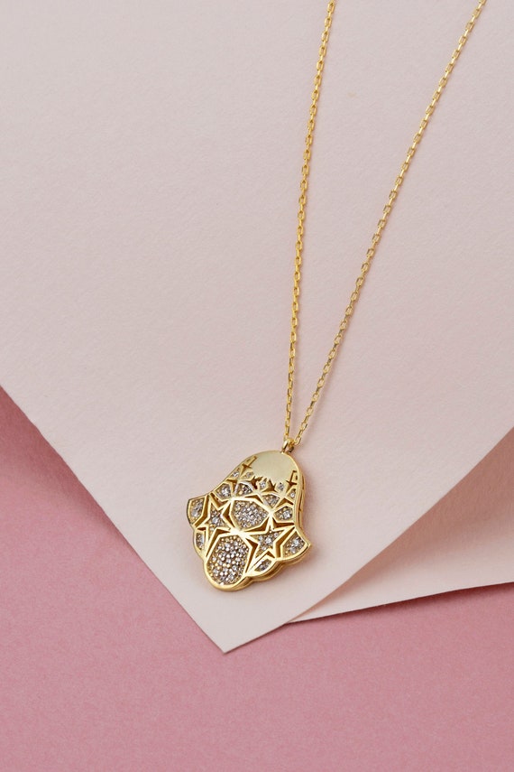 Gold Diamond Hamsa Hand Of Fatima Star Necklace, 14k 18k 10k Solid