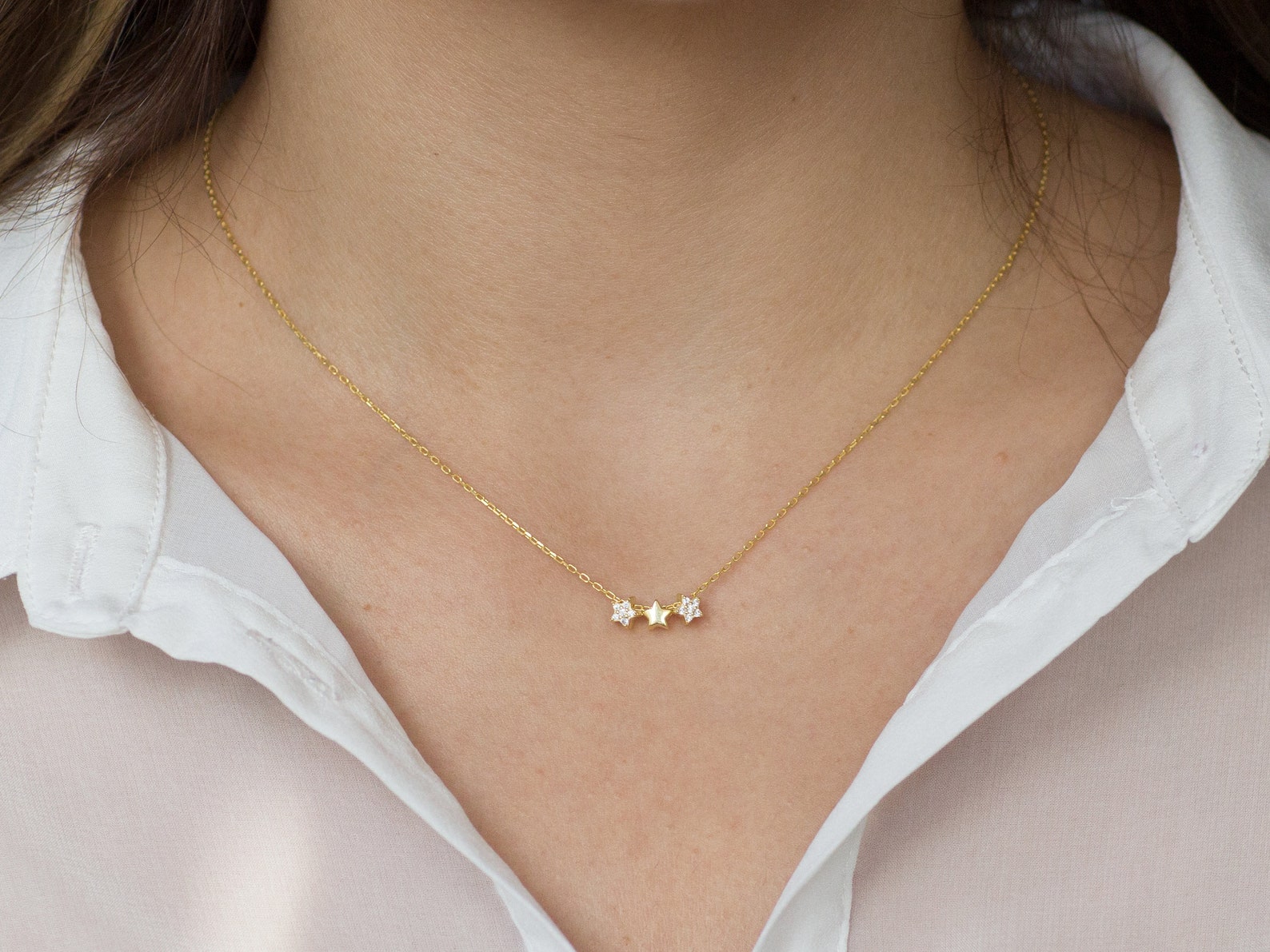 3 Stars 14k Solid Gold Diamond Necklace Natural Diamond Star Etsy