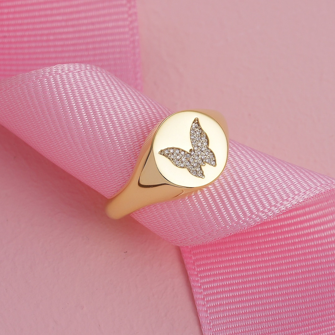 14k Diamond Butterfly Pinky Signet Ring, Solid Yellow White Rose Gold ...