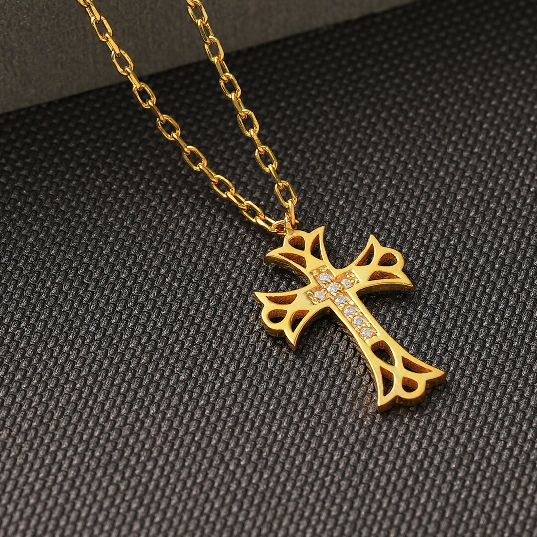 14k Solid Gold Patonce Cross Necklace, Gold Diamond Double Cross