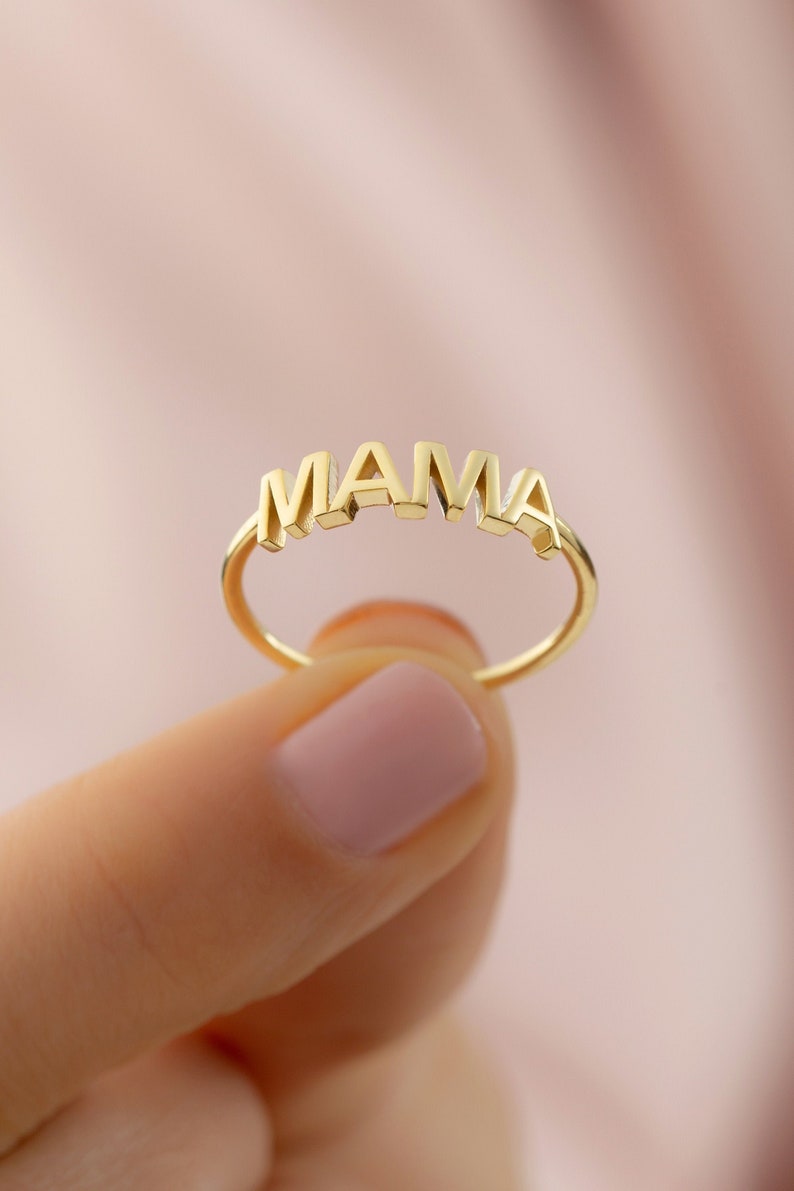 10k 14k 18k Gold Simple Mama Ring, Dainty Gold Mother Ring, Mothers Day Gift Jewelry, Handmade Mother Ring Mom Birthday Stacking Ring Gift image 1