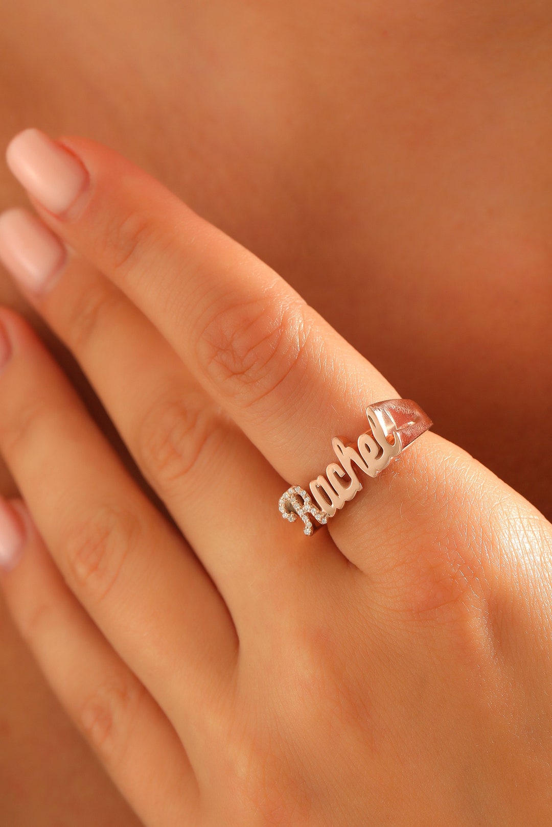 14k Gold Diamond Letter Personalized Name Ring, Dainty Custom Gold Name Ring for Women, Mothers