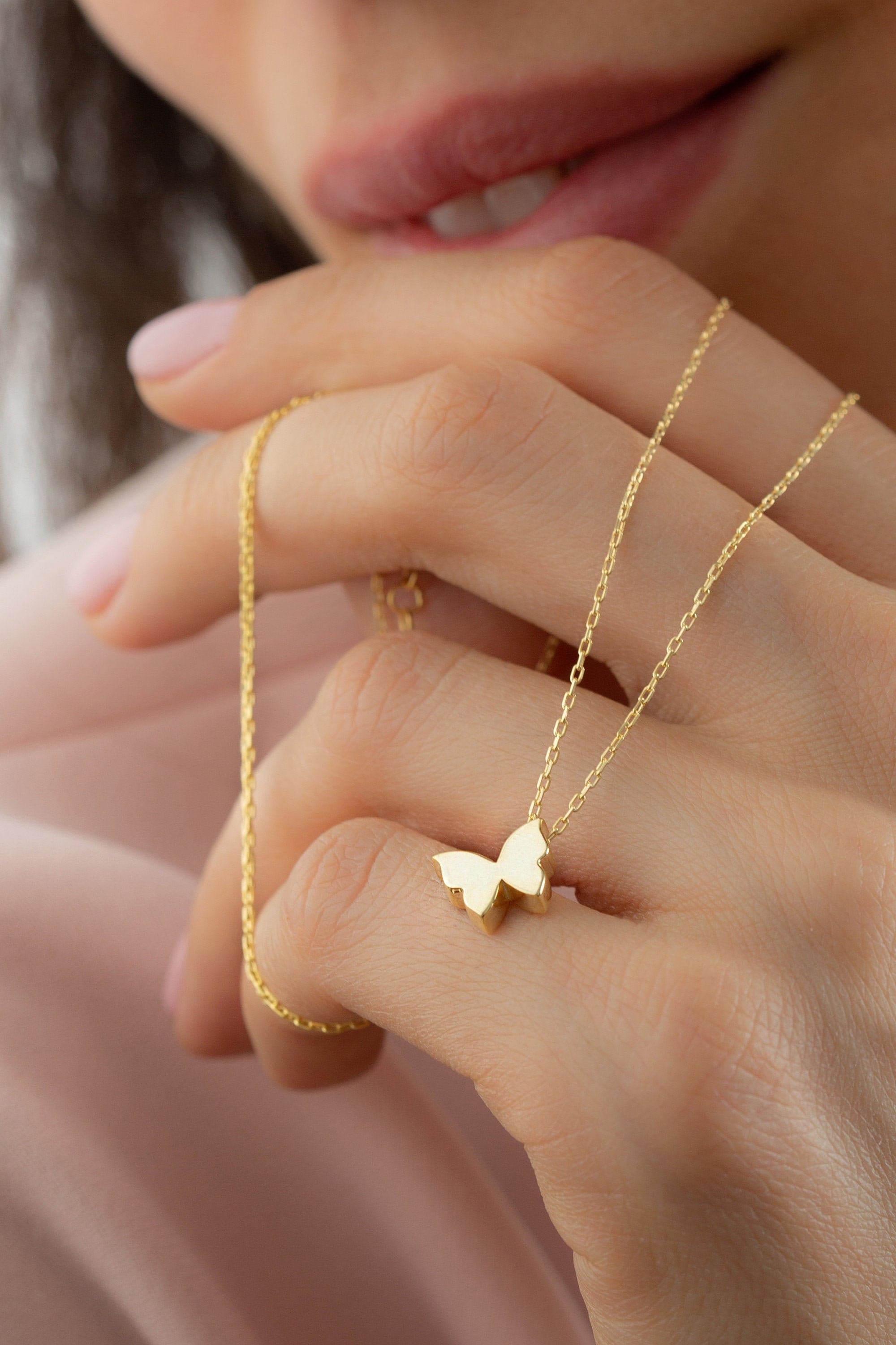 Dainty 14k Solid Gold Butterfly Necklace Minimalist Gold Charm