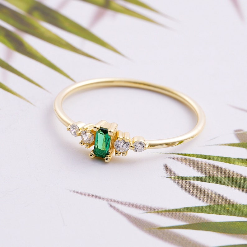 Baguette Natural Emerald Engagement Ring, Green Emerald Gemstone Wedding Ring, Mothers Day Gift for Mom, Emerald May Birthstone Jewelry image 1