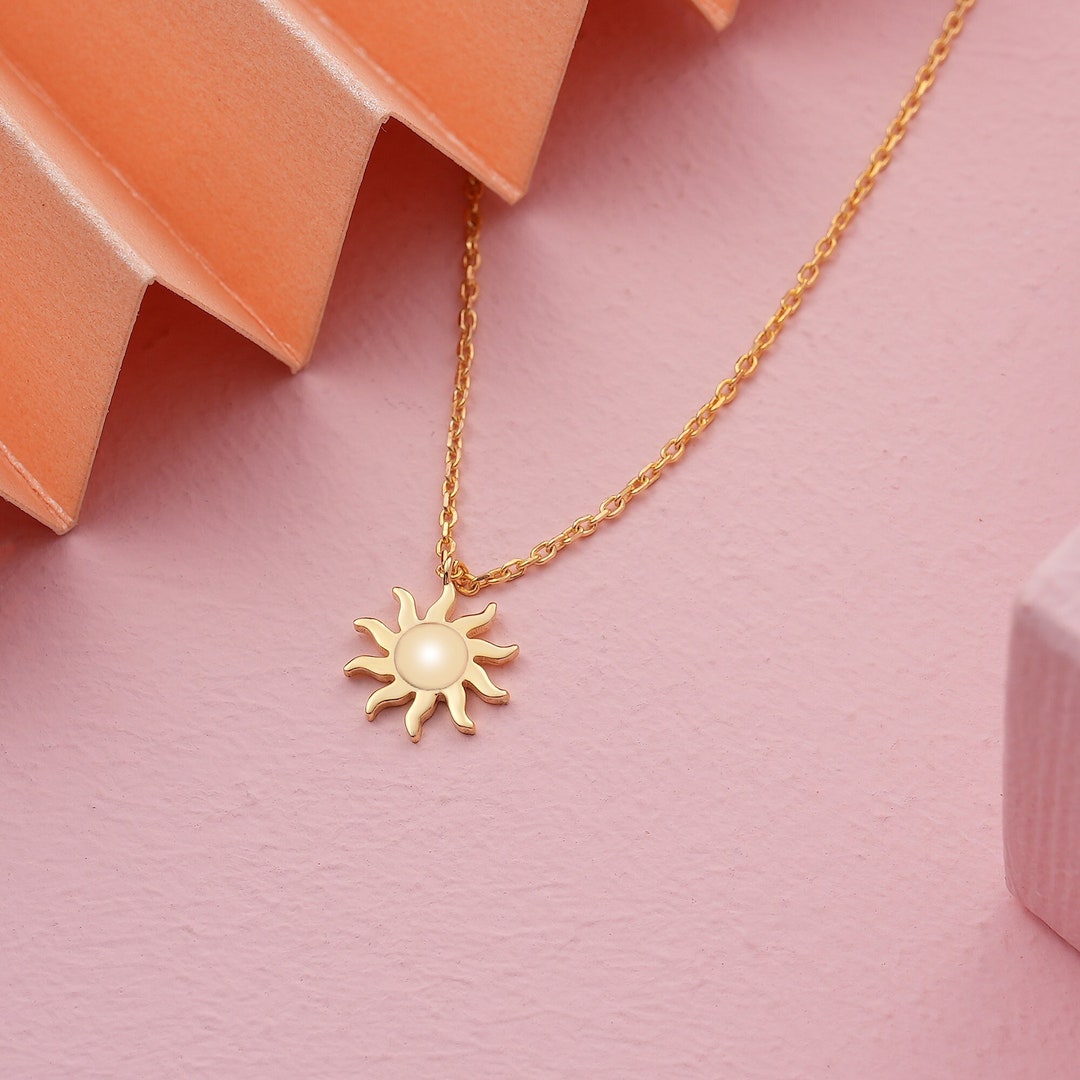 14k 18k Solid Gold Sun Solar Pendant Necklace, Celestial