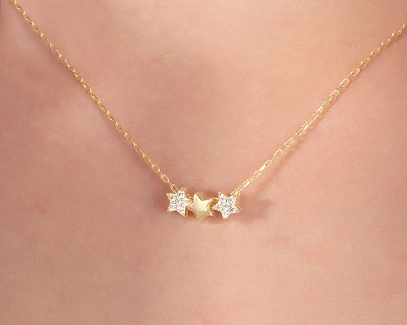 3 Stars 14k Solid Gold Diamond Necklace Natural Diamond Star