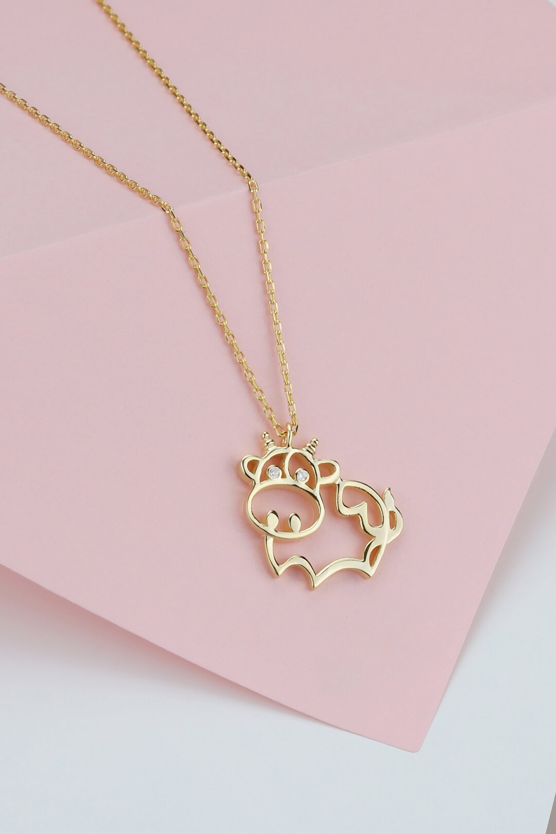 14k 18k Solid Gold Diamond Cow Necklace Pendant, Cattle Cow Jewelry ...