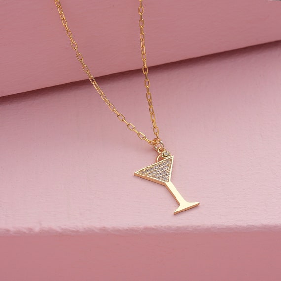 14k 18k Gold Diamond Martini Glass Charm Necklace Birthstone Etsy