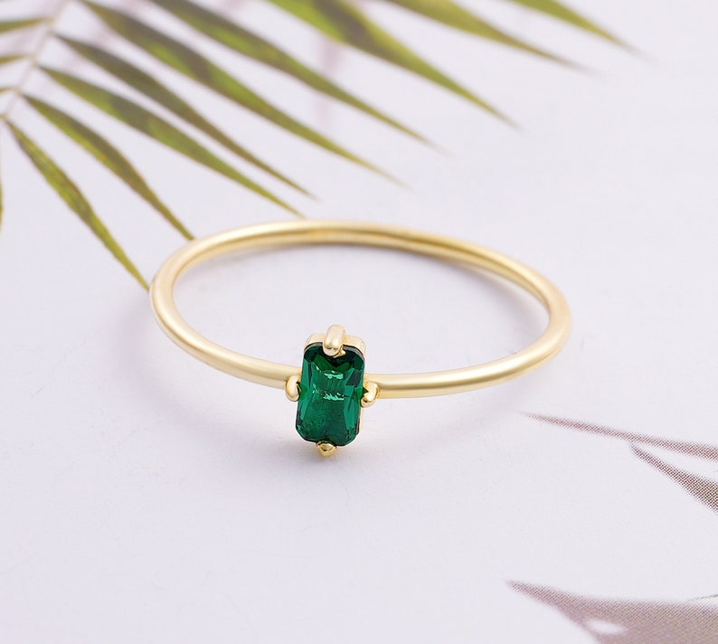 Natural Green Emerald Baguette Solitaire Ring, May Birthstone Ring, Emerald Gemstone Jewelry, 14k 18k 10k Gold Ring image 1