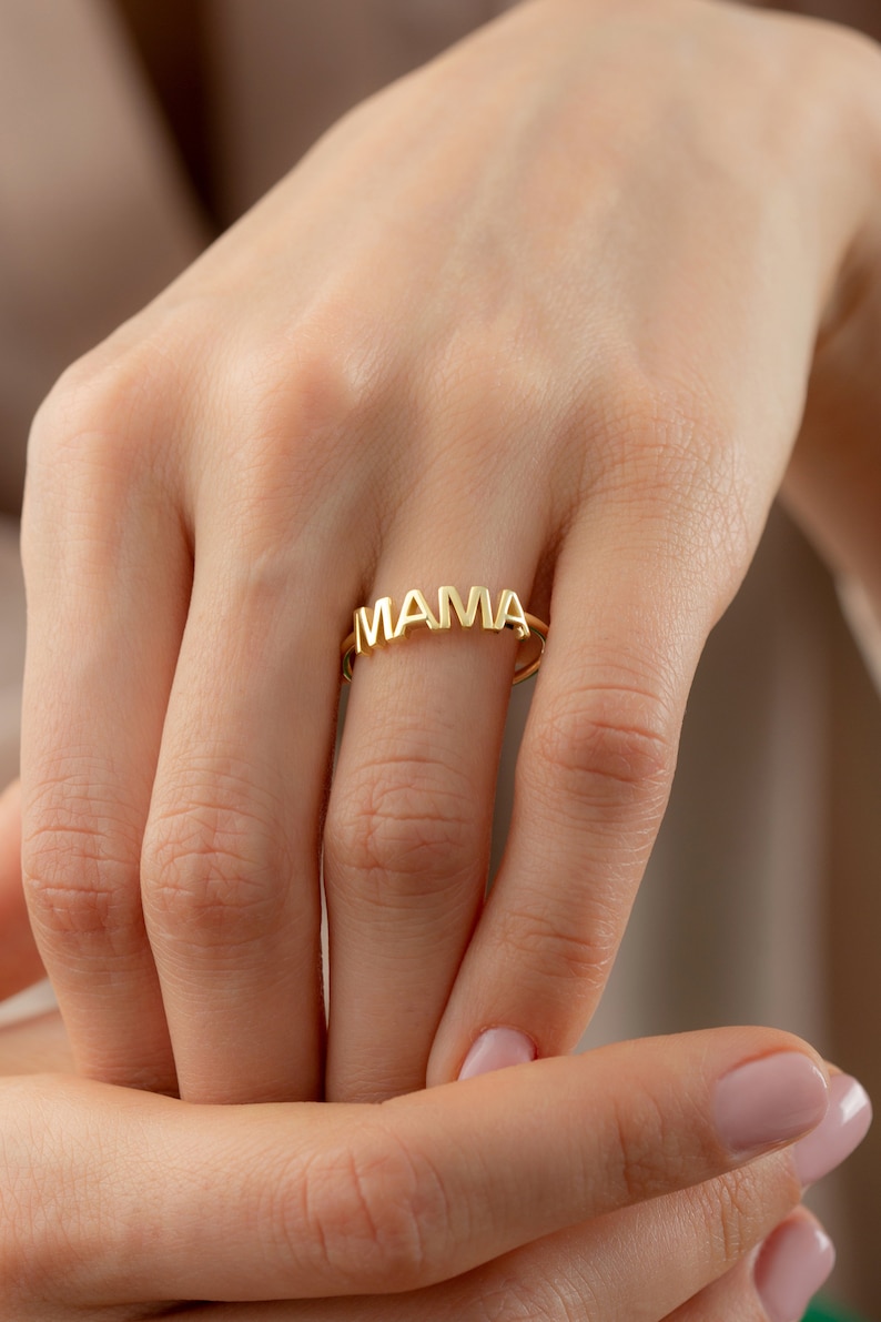 10k 14k 18k Gold Simple Mama Ring, Dainty Gold Mother Ring, Mothers Day Gift Jewelry, Handmade Mother Ring Mom Birthday Stacking Ring Gift image 3