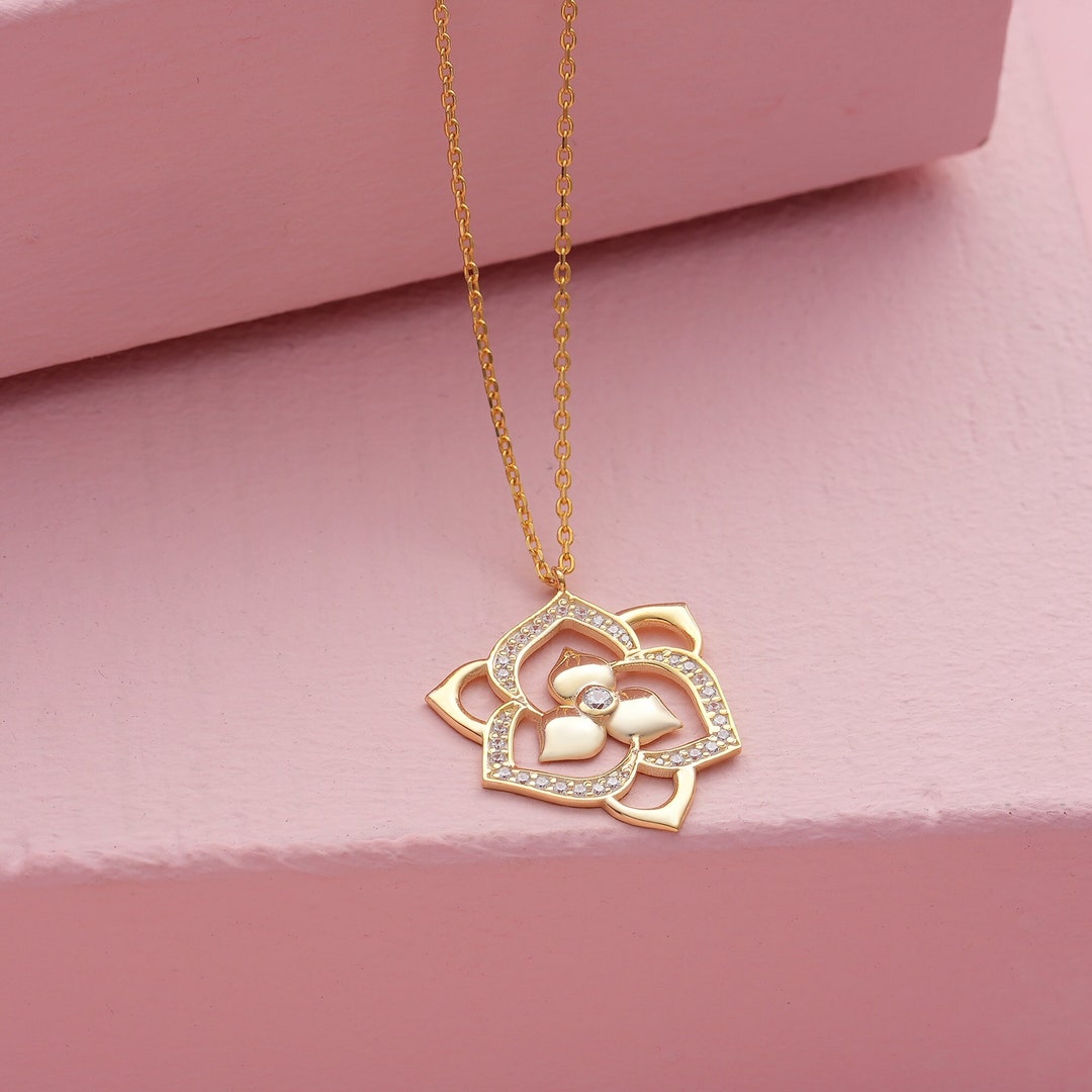 Diamond Rose Flower Necklace for Women, 14k 18k Gold Romantic