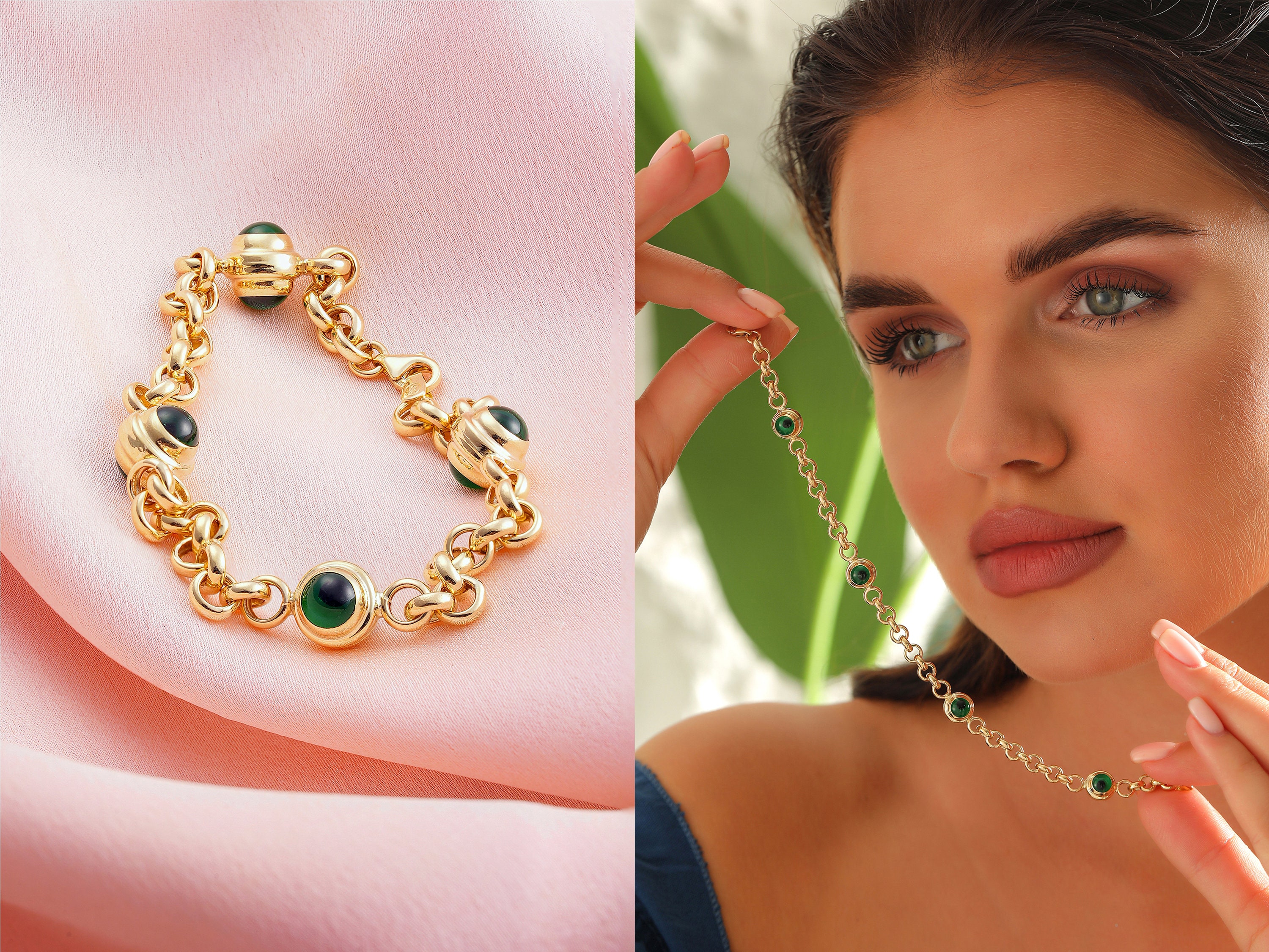 Dainty 14k Solid Gold Evil Eye Charm Bracelet Green Evil Eye Etsy